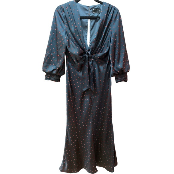 ASOS polka dot Womens 8 Satin Tie Front Midi Dress Button Detail Navy - Picture 10 of 11